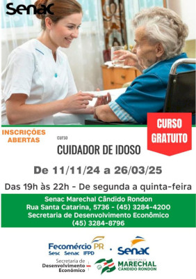 Estão abertas as inscrições para o curso de cuidador de idoso em Marechal Rondon