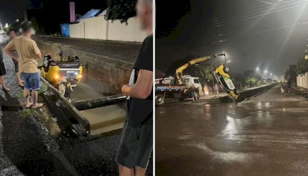 Viatura capota e cai em córrego durante perseguição a motociclista no Paraná