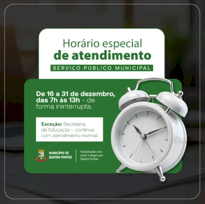 Prefeitura de Quatro Pontes atenderá em horário especial entre o Natal e Ano Novo