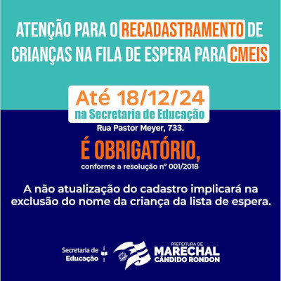 Recadastramento de crianças na fila por vagas nos CMEIs vai até quarta-feira