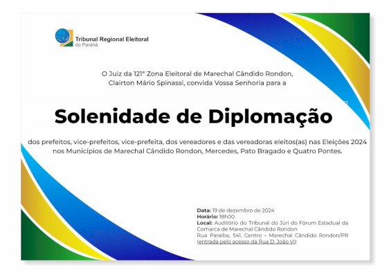 Prefeitos, vices e vereadores eleitos da comarca de Marechal Rondon serão diplomados nesta quinta-feira (19).